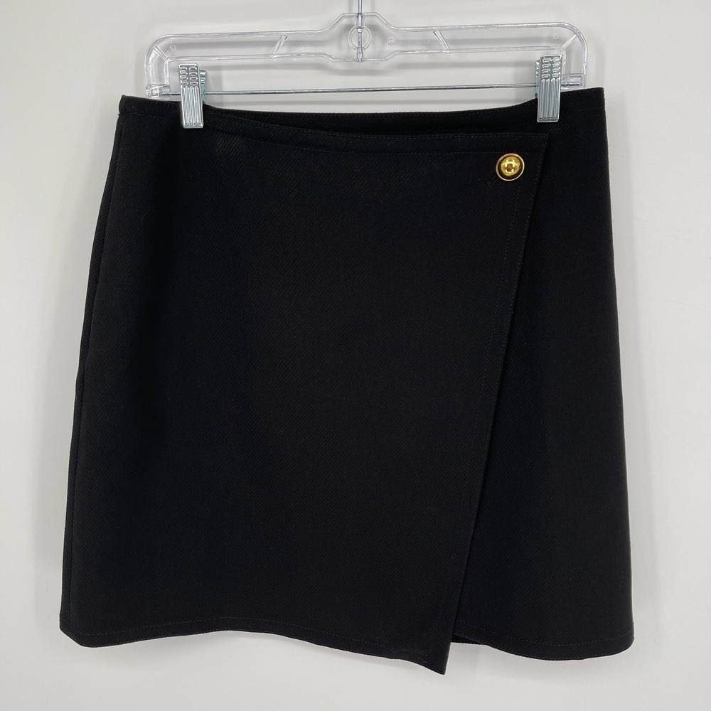 LOFT Women's Black Textured Faux Wrap Gold Button Stretch Mini Skirt Size 8